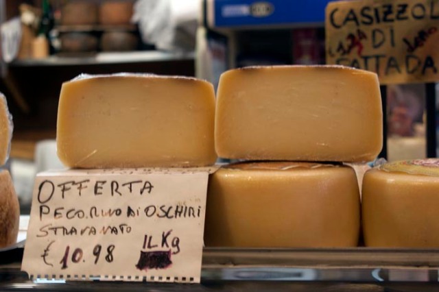 Pecorino cheese at the market in Cagliari, Sardinia